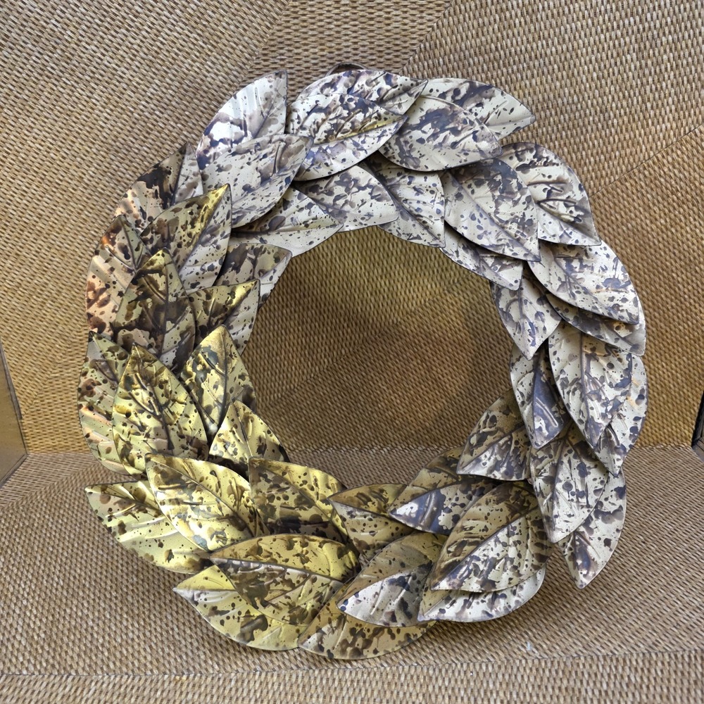 Gold Metal Leaves Wreath Wall Decor Front Door Table 14.5" Holiday Fall Autumn